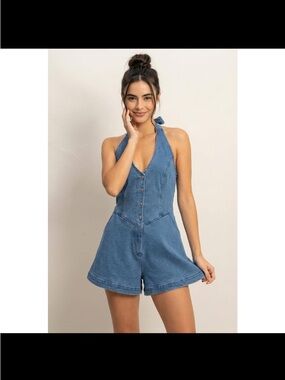 Sleeveless Denim Halter Romper in Light Blue